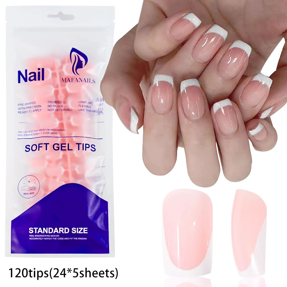 120Pcs Pink Short Square White French Fake Nails 24*5 Strips Full Cover Acrylic Press on Nails Simple French Wearable False Nail