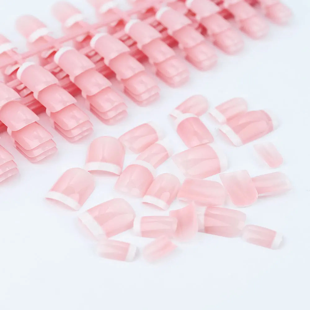 120Pcs Pink Short Square White French Fake Nails 24*5 Strips Full Cover Acrylic Press on Nails Simple French Wearable False Nail