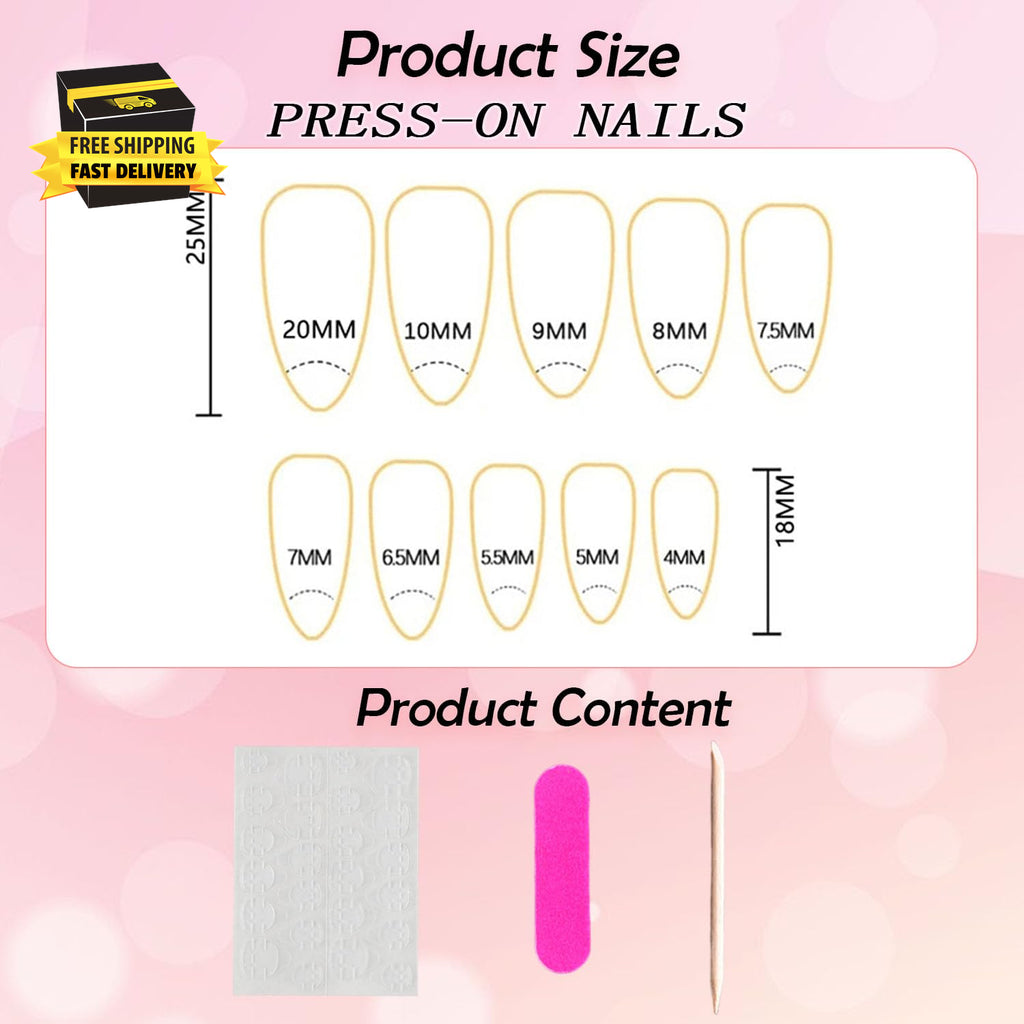 Almond Press on Nails Medium Glue on Nails Gold French Fake Nails 3D Gold Lines