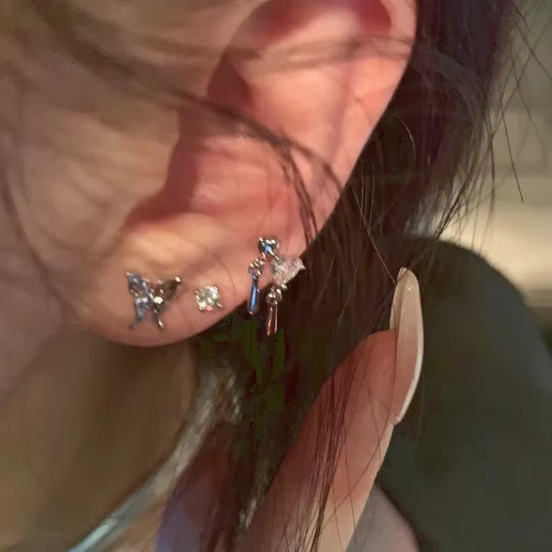 6-Piece Set of Silver Rhinestone Butterfly Stud Earrings for Women - Trendy Punk Heart Earring Collection 2023