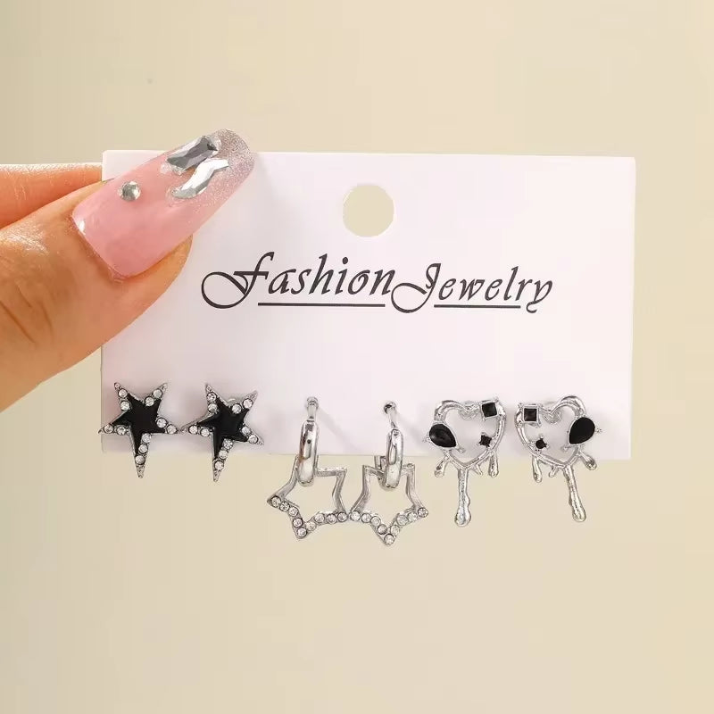 6-Piece Set of Silver Rhinestone Butterfly Stud Earrings for Women - Trendy Punk Heart Earring Collection 2023