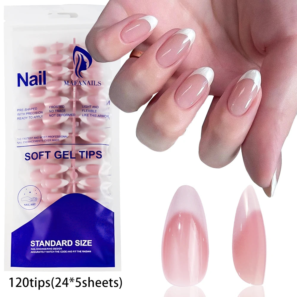 120Pcs Pink Short Square White French Fake Nails 24*5 Strips Full Cover Acrylic Press on Nails Simple French Wearable False Nail