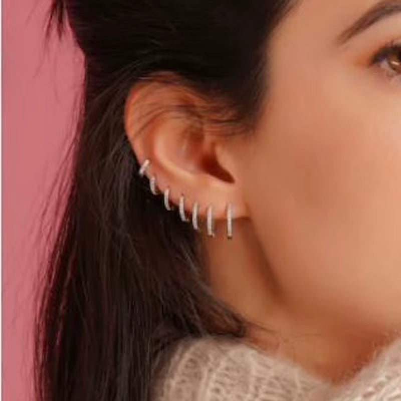 Stainless Steel Minimalist Hoop Earrings with Crystal Zirconia - Small Huggie Thin Cartilage and Helix Tragus Piercing Jewelry (1 Pair)