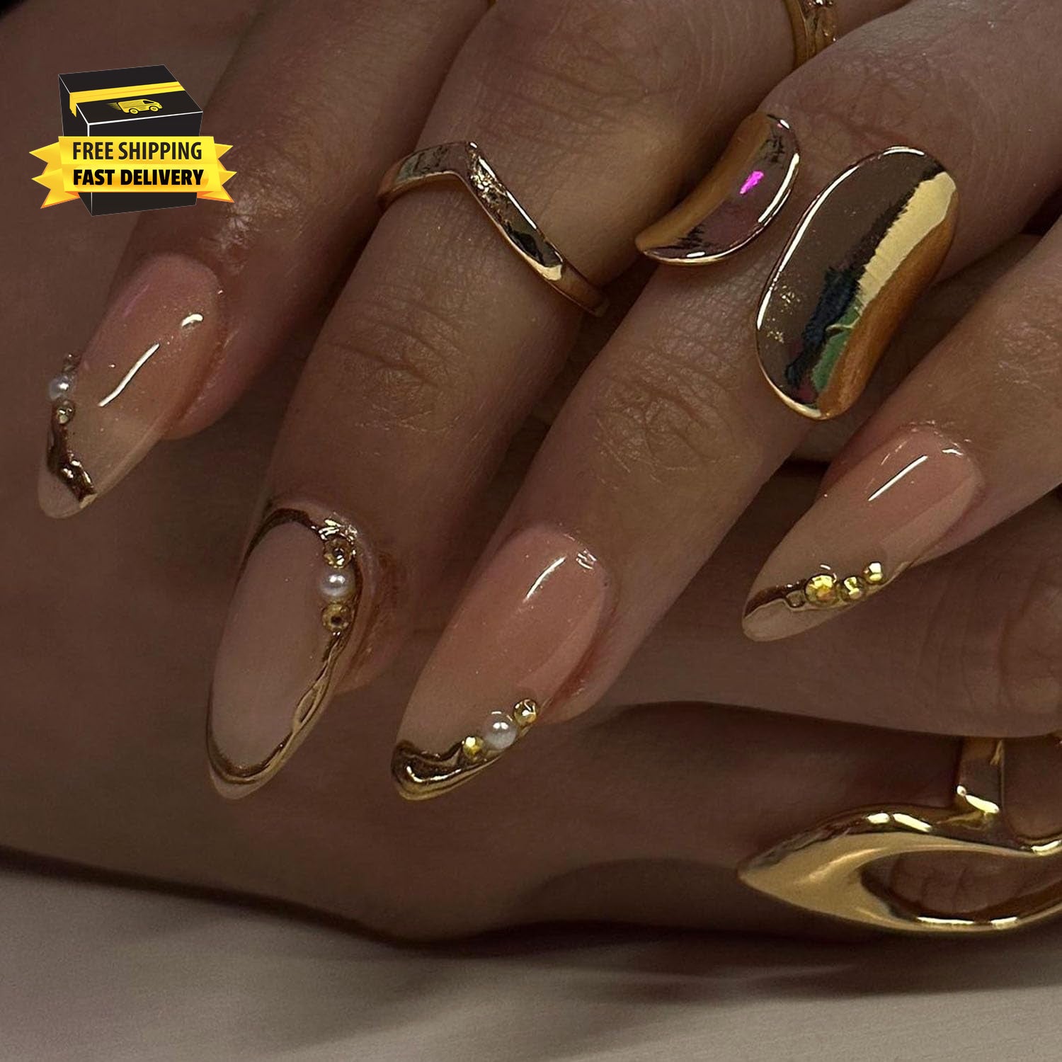 Almond Press on Nails Medium Glue on Nails Gold French Fake Nails 3D Gold Lines