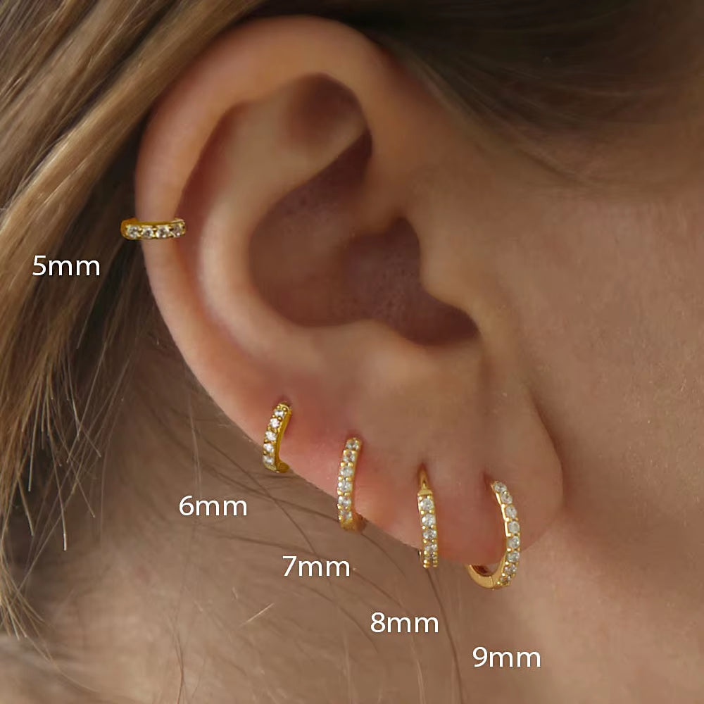 Stainless Steel Minimalist Hoop Earrings with Crystal Zirconia - Small Huggie Thin Cartilage and Helix Tragus Piercing Jewelry (1 Pair)