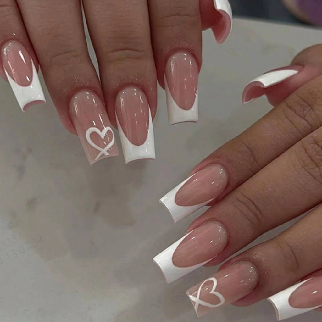 24Pcs/Set Short Square Fake Nails for Women Cute White French Tips Y2K Press on False Nail Supplies
