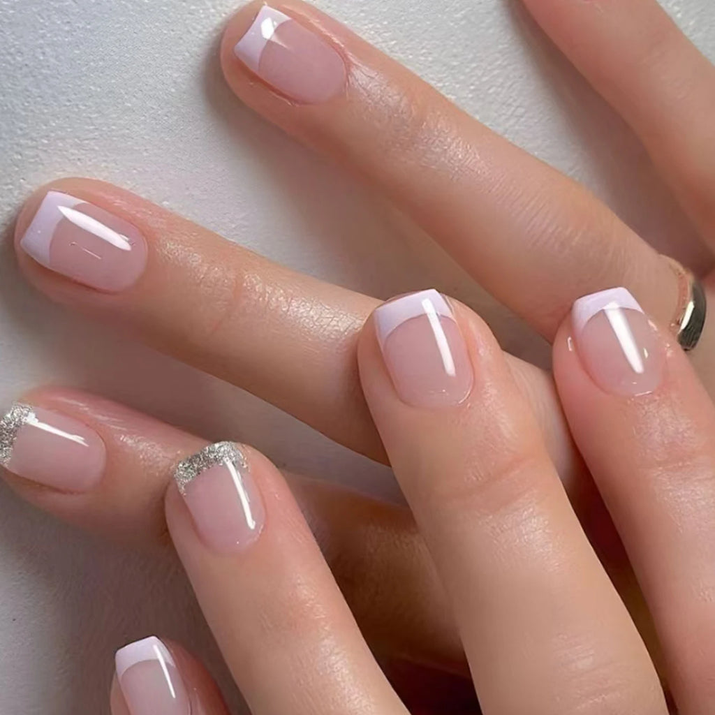 24Pcs/Set Short Square Fake Nails for Women Cute White French Tips Y2K Press on False Nail Supplies