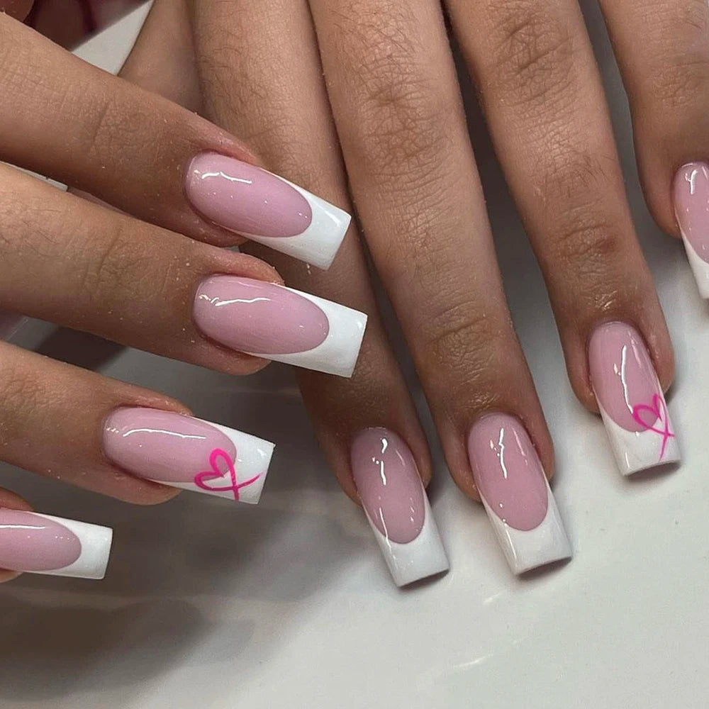 24Pcs/Set Short Square Fake Nails for Women Cute White French Tips Y2K Press on False Nail Supplies