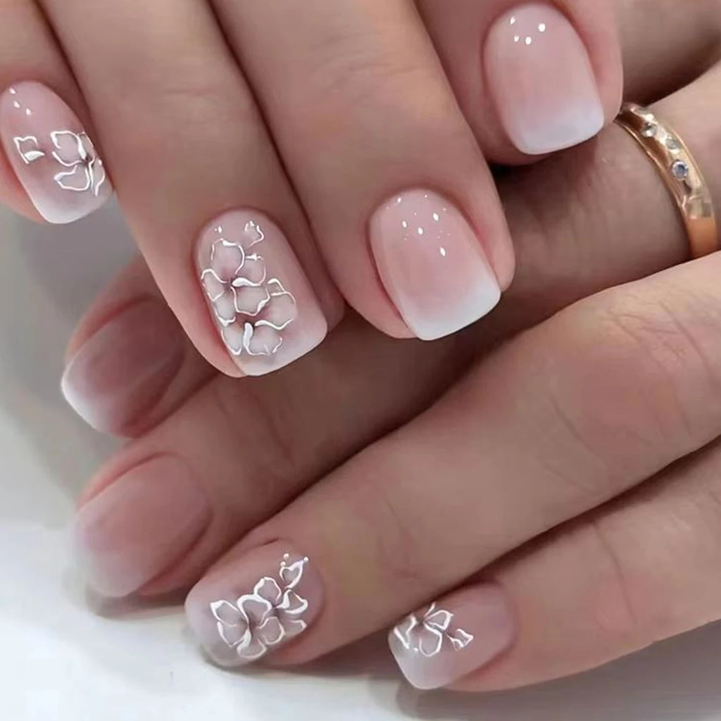 24Pcs/Set Short Square Fake Nails for Women Cute White French Tips Y2K Press on False Nail Supplies