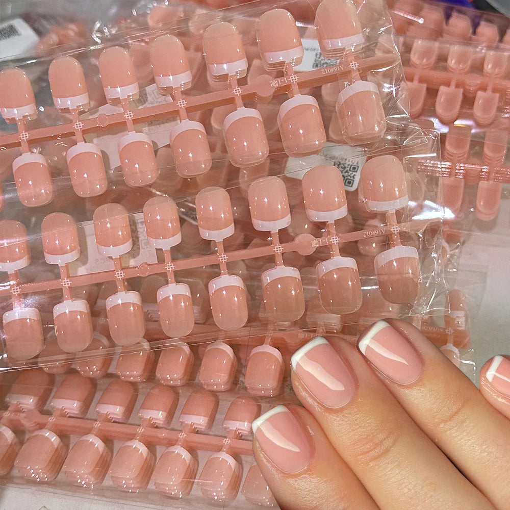 120Pcs Pink Short Square White French Fake Nails 24*5 Strips Full Cover Acrylic Press on Nails Simple French Wearable False Nail