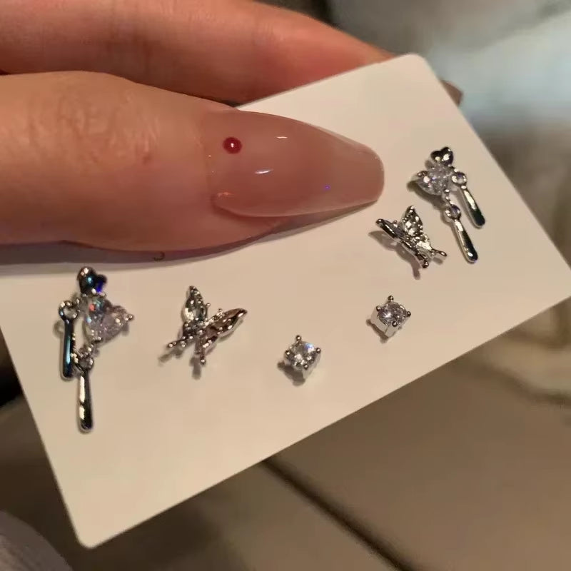 6-Piece Set of Silver Rhinestone Butterfly Stud Earrings for Women - Trendy Punk Heart Earring Collection 2023