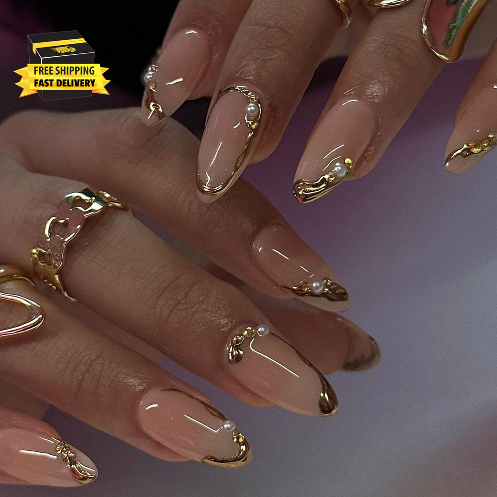 Almond Press on Nails Medium Glue on Nails Gold French Fake Nails 3D Gold Lines