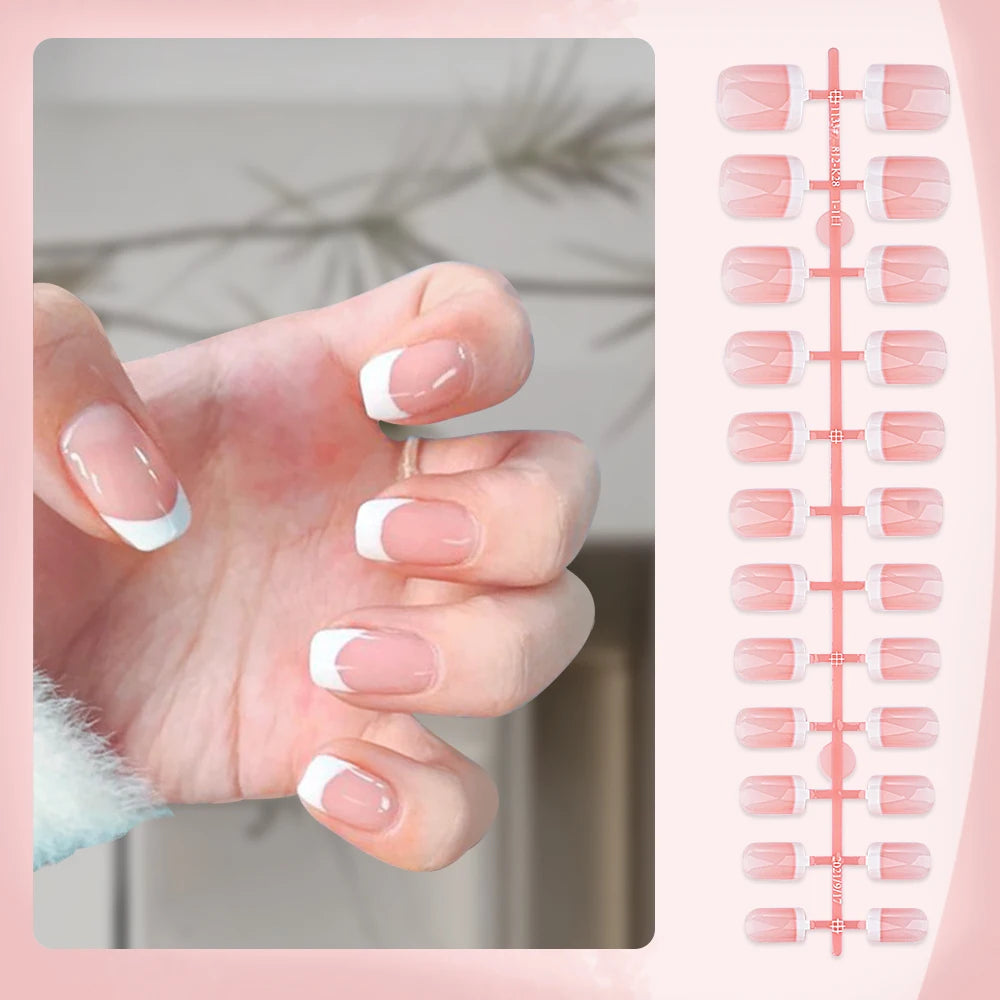 120Pcs Pink Short Square White French Fake Nails 24*5 Strips Full Cover Acrylic Press on Nails Simple French Wearable False Nail