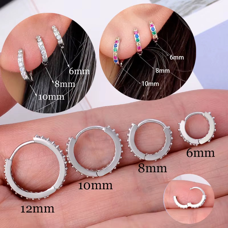 Stainless Steel Minimalist Hoop Earrings with Crystal Zirconia - Small Huggie Thin Cartilage and Helix Tragus Piercing Jewelry (1 Pair)