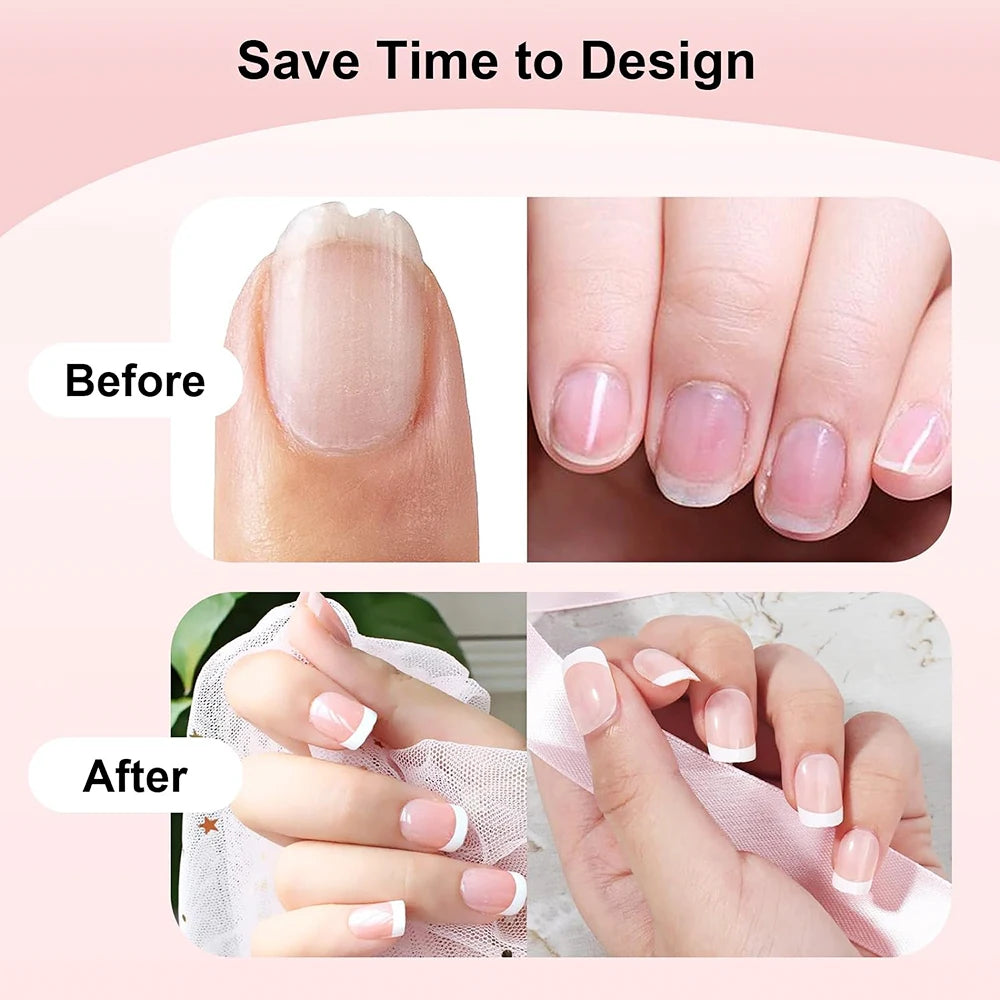 120Pcs Pink Short Square White French Fake Nails 24*5 Strips Full Cover Acrylic Press on Nails Simple French Wearable False Nail