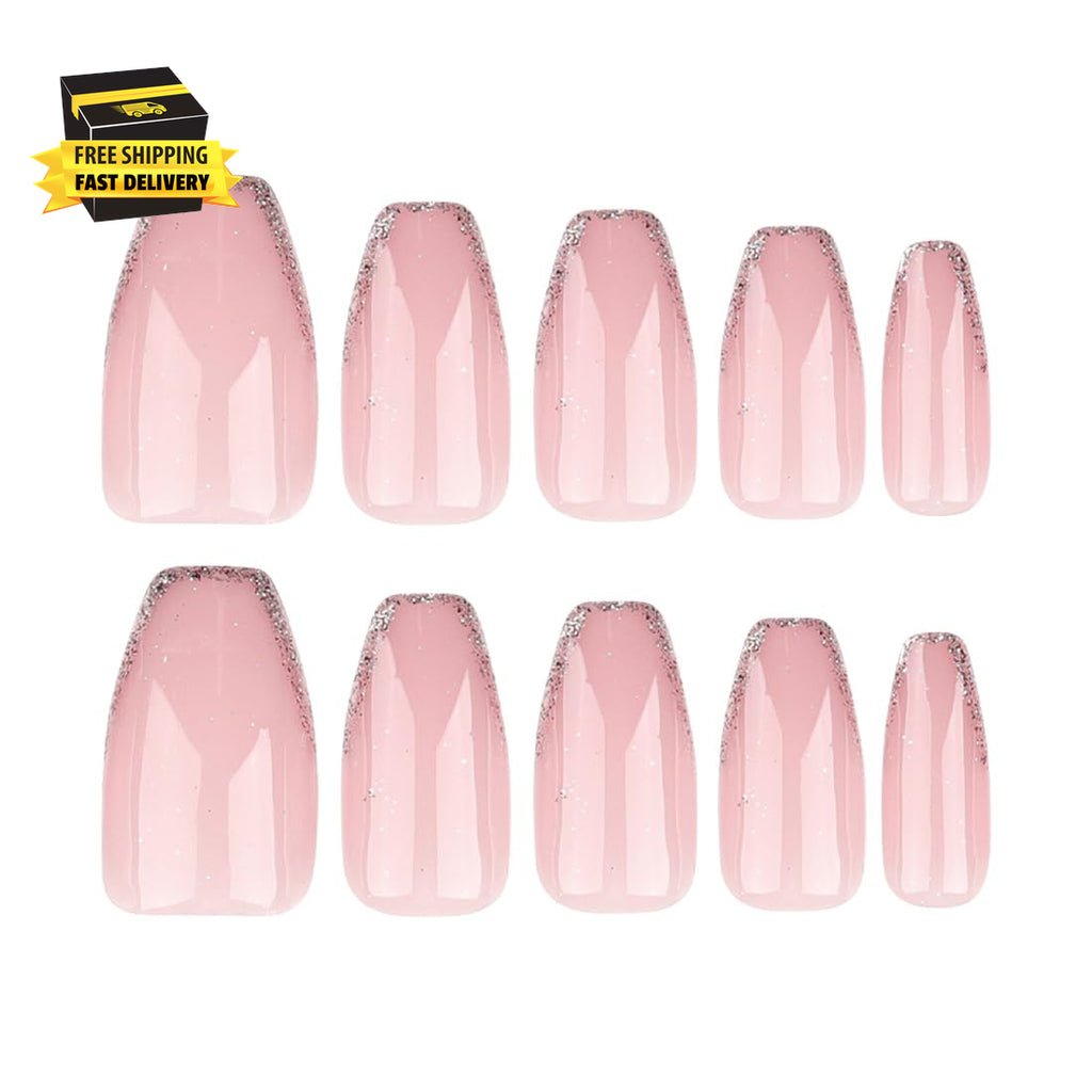 Coffin Press on Nails Pink Short Medium Bling Fake Nails with Designs Fantasy Ma