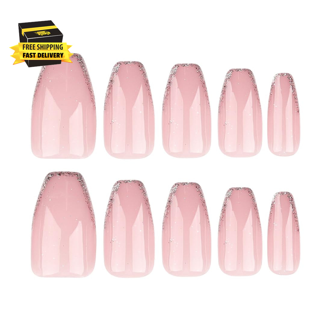 Coffin Press on Nails Pink Short Medium Bling Fake Nails with Designs Fantasy Ma
