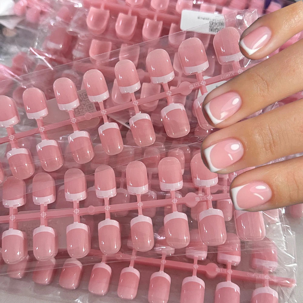 120Pcs Pink Short Square White French Fake Nails 24*5 Strips Full Cover Acrylic Press on Nails Simple French Wearable False Nail
