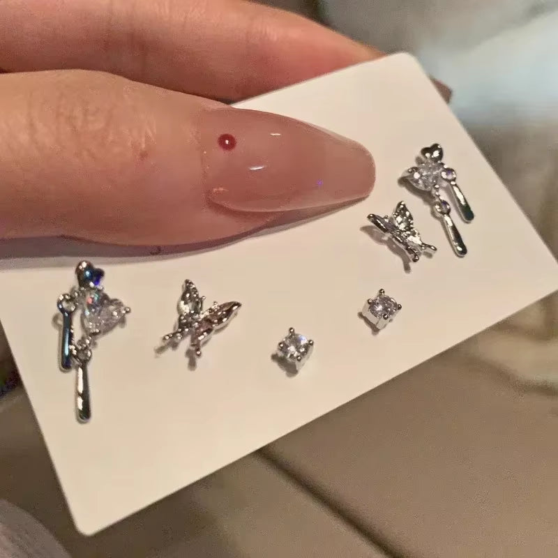 6-Piece Set of Silver Rhinestone Butterfly Stud Earrings for Women - Trendy Punk Heart Earring Collection 2023