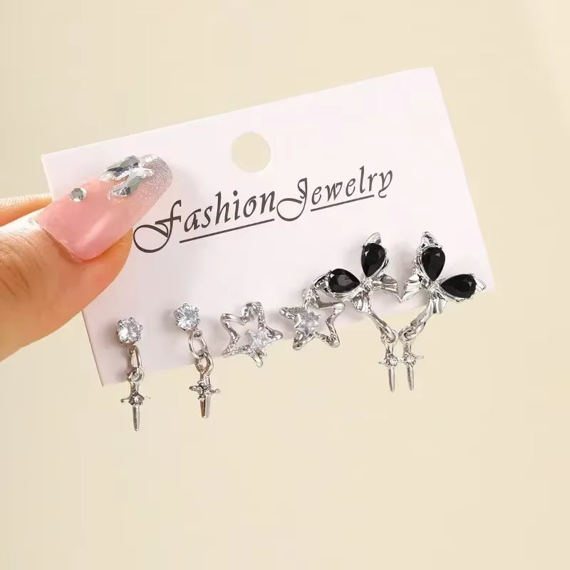 6-Piece Set of Silver Rhinestone Butterfly Stud Earrings for Women - Trendy Punk Heart Earring Collection 2023