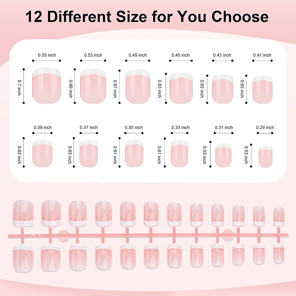 120Pcs Pink Short Square White French Fake Nails 24*5 Strips Full Cover Acrylic Press on Nails Simple French Wearable False Nail